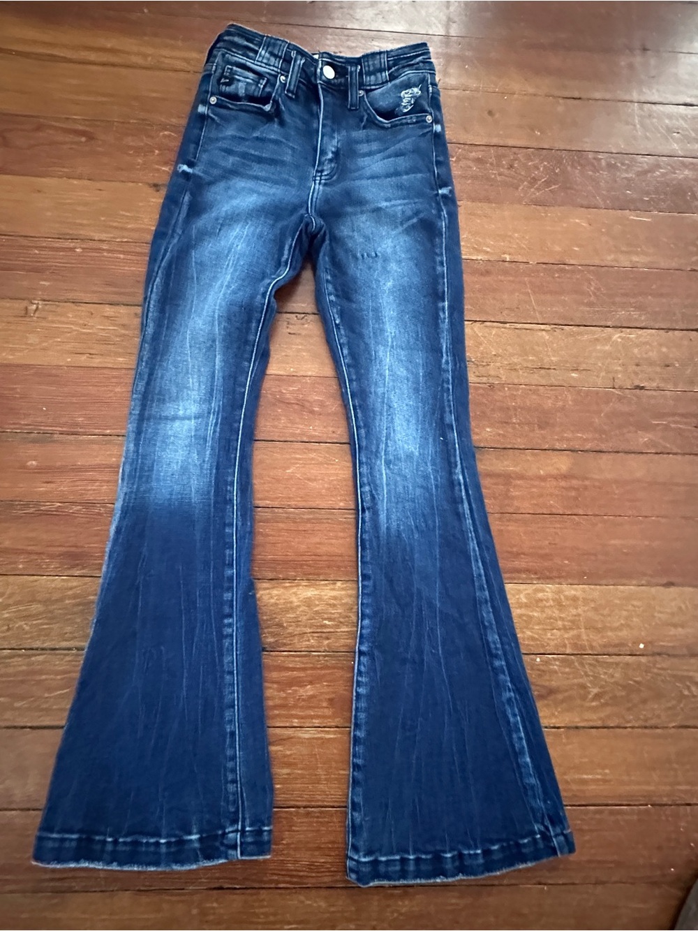 KanCan Dark Blue Flare Jeans with Faded Whiskering